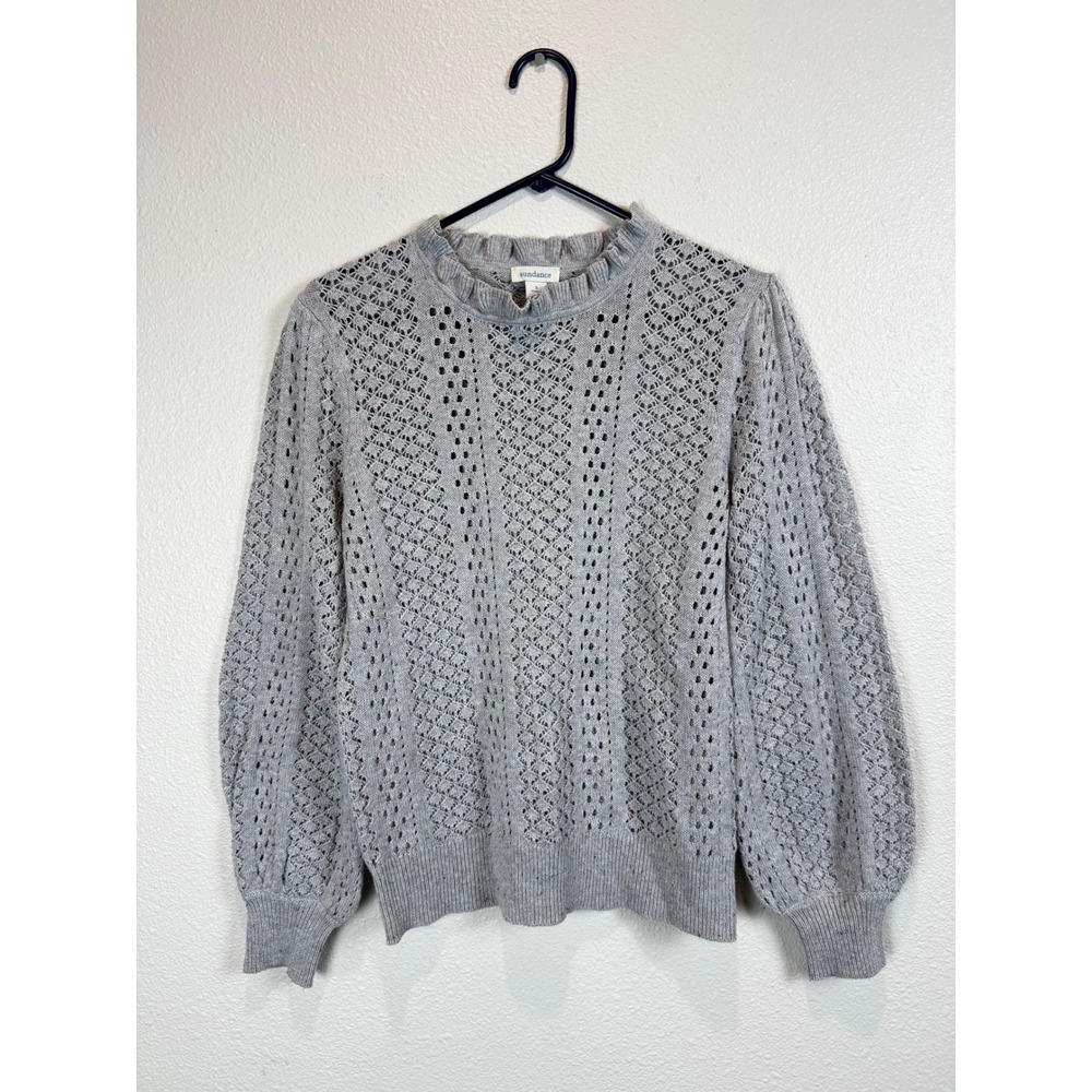 Sundance Sweater Womens Small Gray Confetti Knit Ruffle Neck Pointelle Cotton